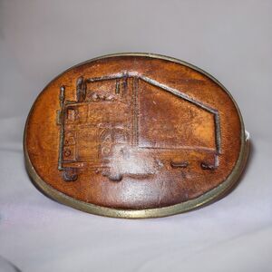 Vintage Leather Embossed 18 Wheeler Truck Brass Belt Buckle Made in USA